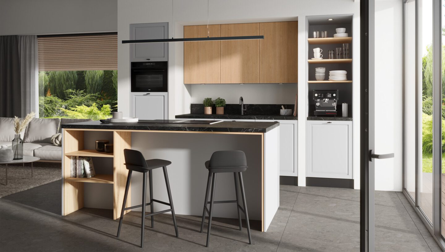 Bild von einer weißen Küche mit Absetzungen in schwarz und Holz mit Kücheninsel