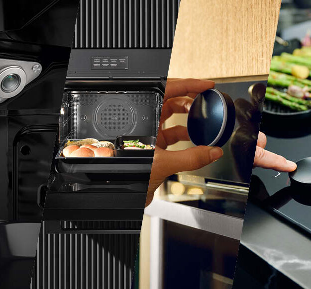 Bild von vier Bildern die unterschiedliche Küchennews zeigen wie: Kamera im Ofen, intelligenter Backofen und das NEFF Twist Pad Flex®