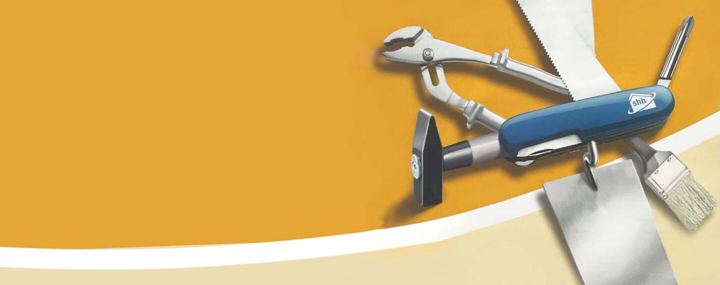 Vielseitig einsetzbares Tool für den Hausbau, angelehnt an ein Schweizer Taschenmesser.
