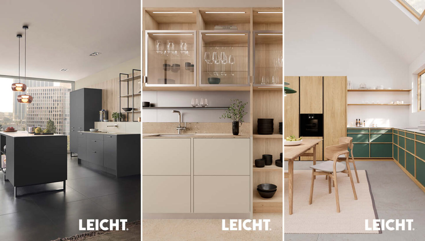 Collage von drei Bildern, die unterschiedliche Farben und Stile von LEICHT Küchen zeigen, um ihre Stilvarianz zu zeigen.