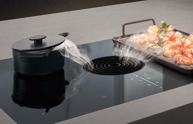 BORA Kochfeld mit integriertem Dunstabzug in moderner Nobilia Küche – innovative Küchenmodernisierung für offene Wohnküchen