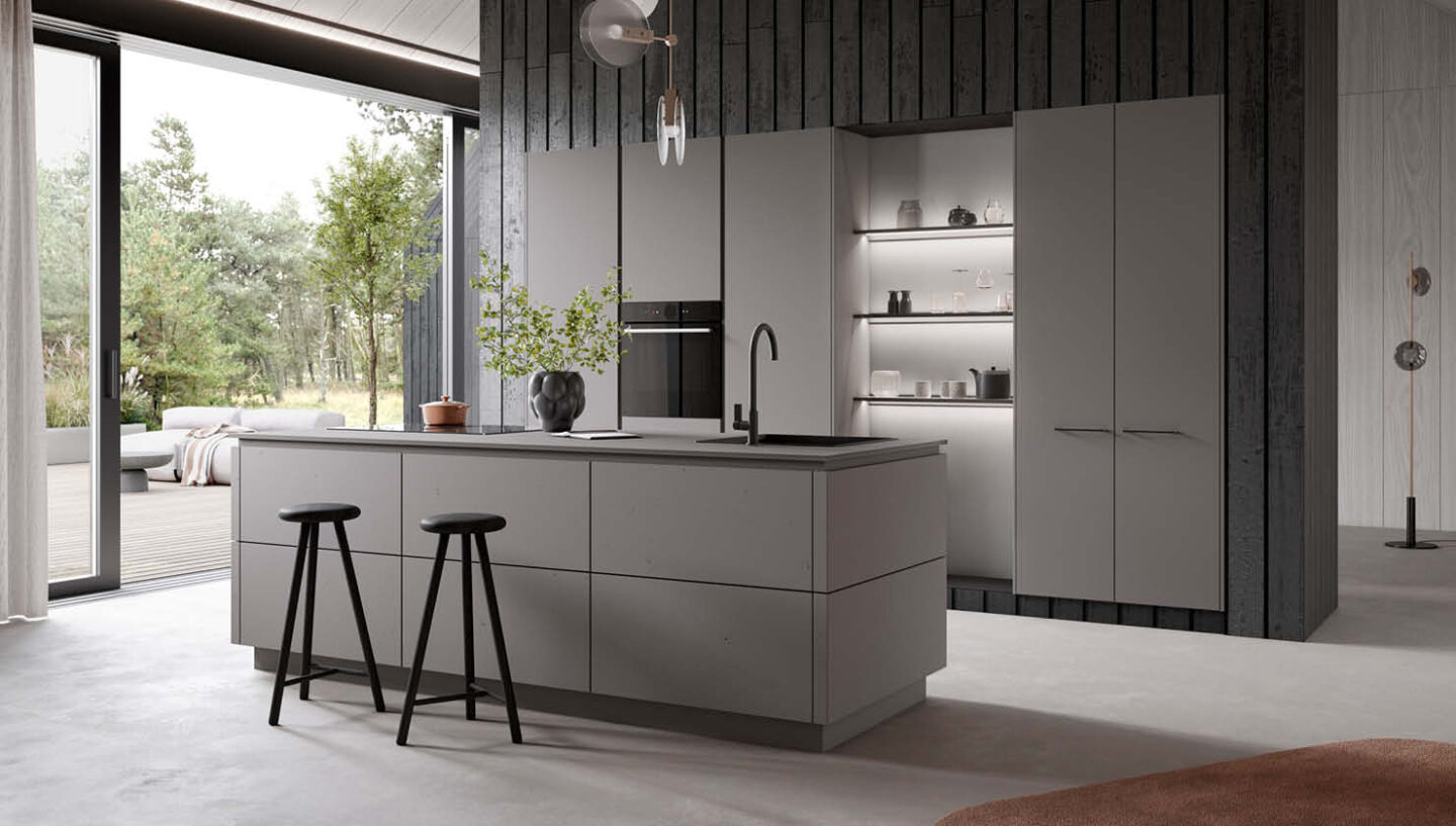 Graue, moderne Küche von Häcker – Atmosphäre in der Küche