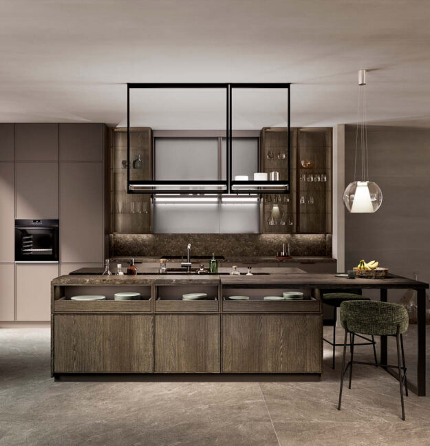 Moderne LEICHT Designküche mit Kochinsel und offenen Holzfronten im Küchenstyle