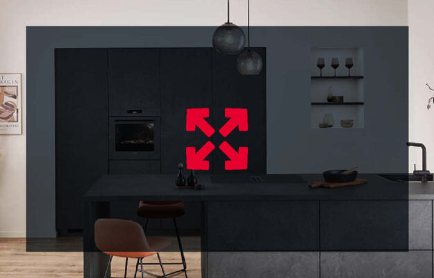 Küchenstyle Lübeck zeigt ein Bild einer Küche im Hintergrund darüber ein grauer, leicht transparenter Layer mit einem Icon zur 3D Planung