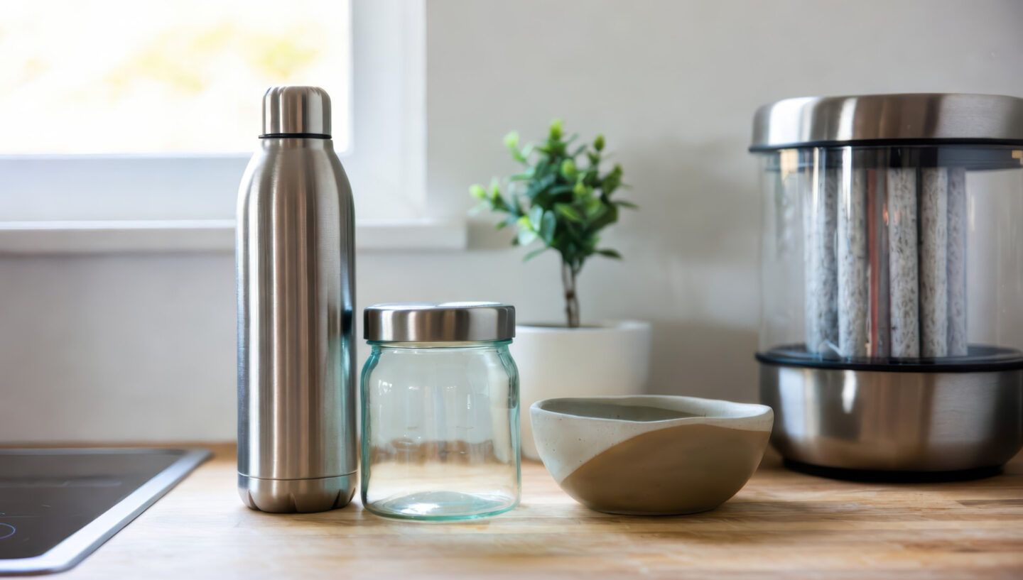 Thermosflasche, Vorratsglas und Keramikschale auf einer hellen Holzarbeitsplatte in einer modernen Küche mit Kochfeld und Küchengerät.
